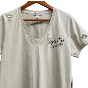 NEW Wildfox Spirited Martini Cocktail Embroidered V-Neck Tee Mint Green Medium